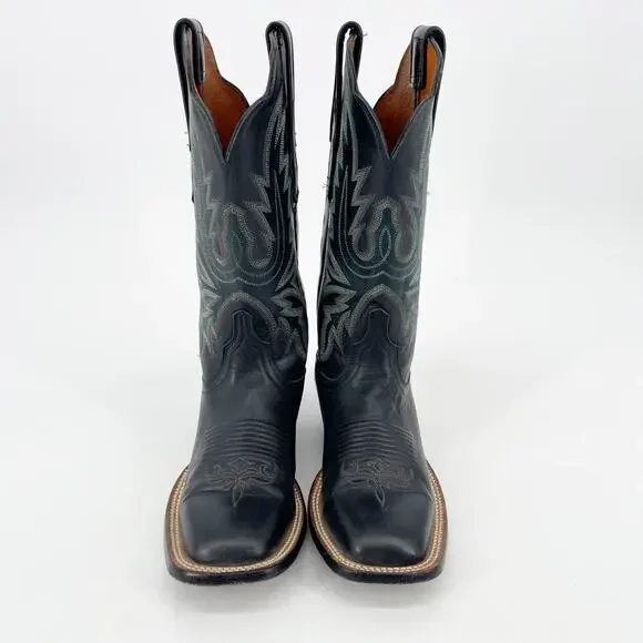 Lucchese Women’s 6 Black Leather Turquoise Stitching Square Toe Western Boots - Picture 5 of 11